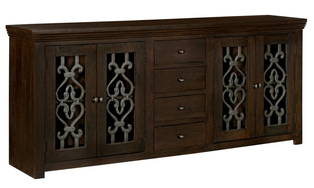 84" Brown Distressed Solid Wood Four Drawer Sideboard With Four Glass Doors HomeRoots