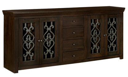 84" Brown Distressed Solid Wood Four Drawer Sideboard With Four Glass Doors HomeRoots