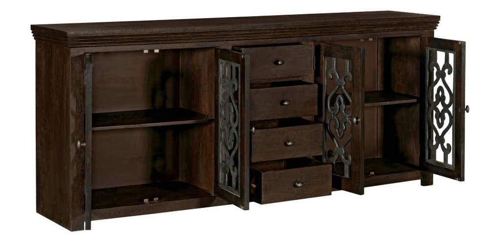 84" Brown Distressed Solid Wood Four Drawer Sideboard With Four Glass Doors HomeRoots
