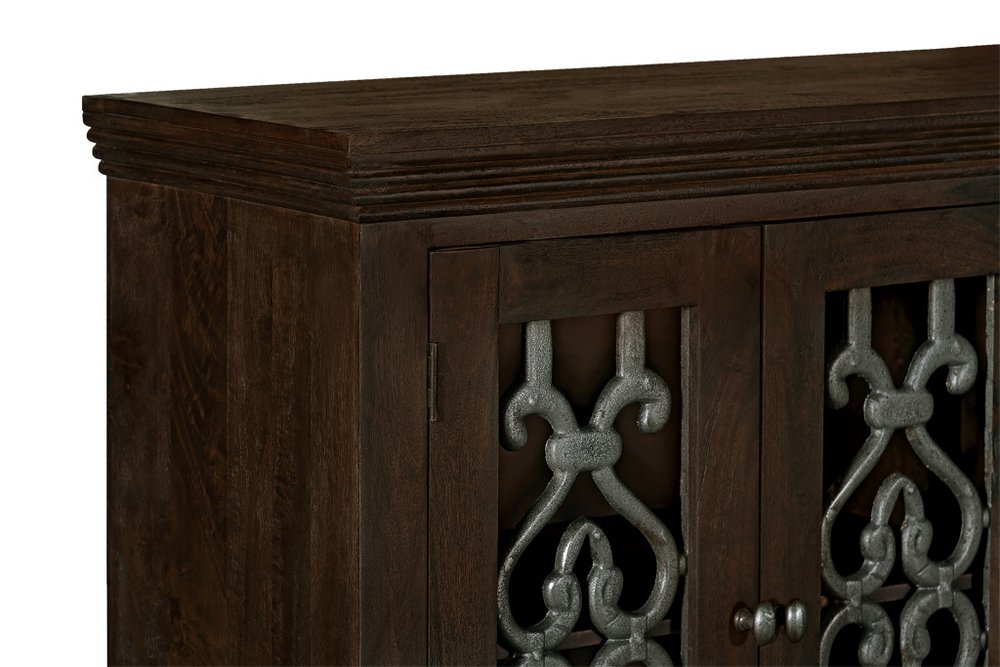 84" Brown Distressed Solid Wood Four Drawer Sideboard With Four Glass Doors HomeRoots
