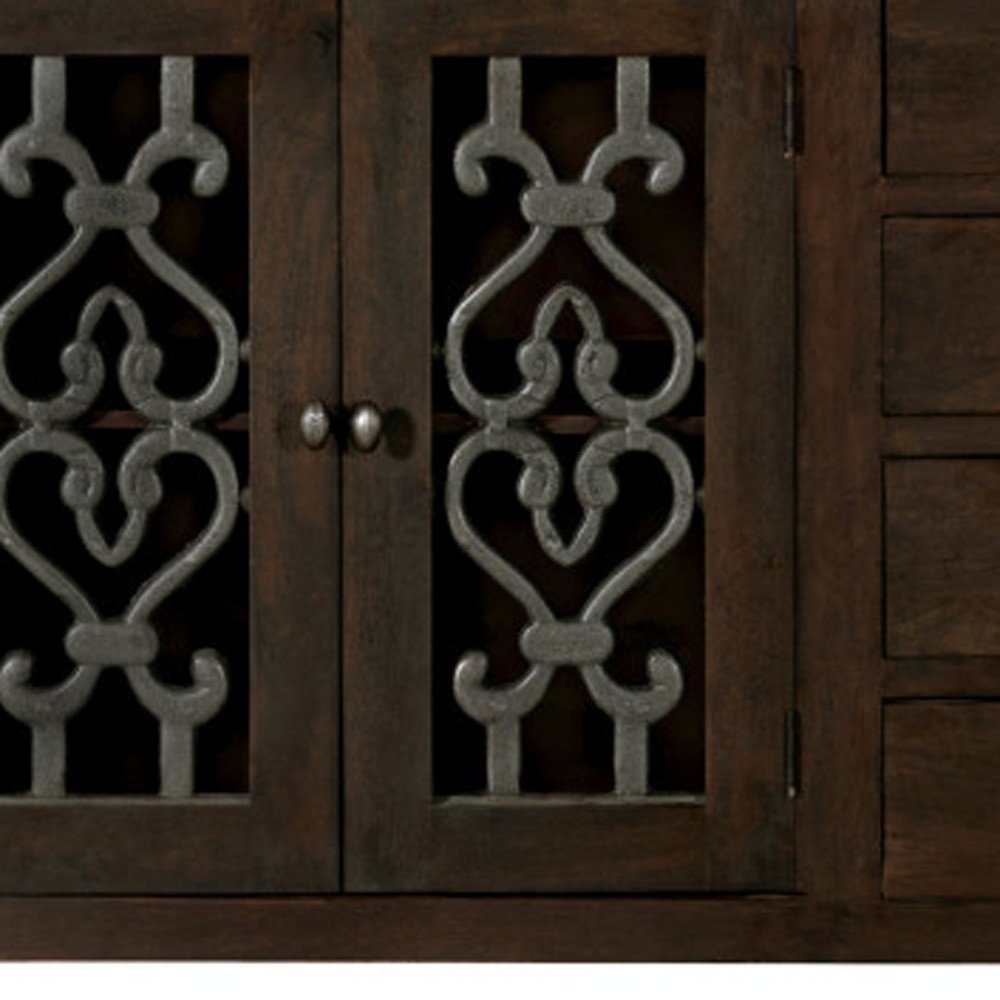 84" Brown Distressed Solid Wood Four Drawer Sideboard With Four Glass Doors HomeRoots