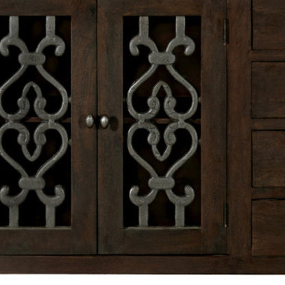 84" Brown Distressed Solid Wood Four Drawer Sideboard With Four Glass Doors HomeRoots