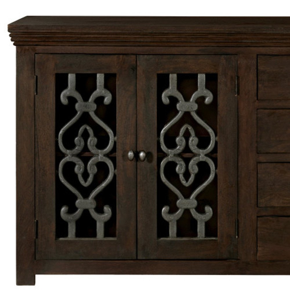 84" Brown Distressed Solid Wood Four Drawer Sideboard With Four Glass Doors HomeRoots