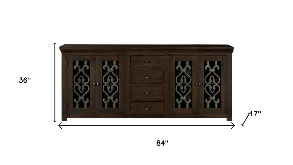 84" Brown Distressed Solid Wood Four Drawer Sideboard With Four Glass Doors HomeRoots