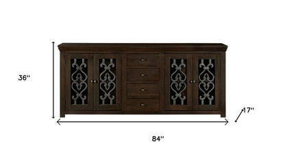 84" Brown Distressed Solid Wood Four Drawer Sideboard With Four Glass Doors HomeRoots