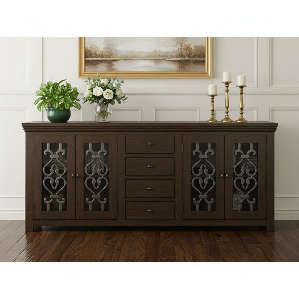 84" Brown Distressed Solid Wood Four Drawer Sideboard With Four Glass Doors HomeRoots