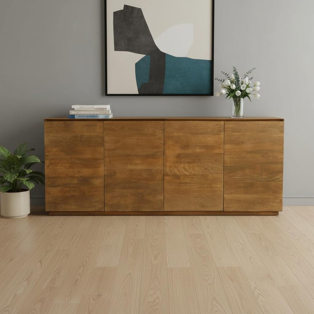 80" Tan Distressed Solid Wood Sideboard With Four Doors HomeRoots
