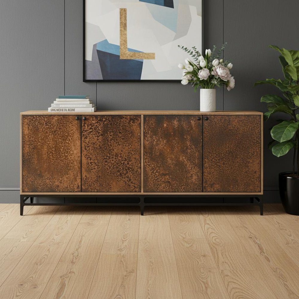 72" Copper Distressed Solid Wood Sideboard with Four Doors HomeRoots