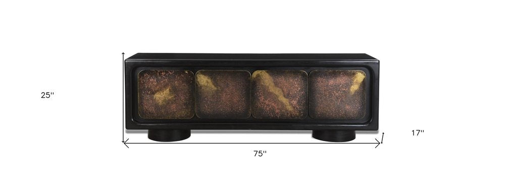 75" Black Distressed Solid Wood Sideboard with Four Doors HomeRoots