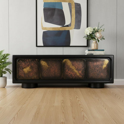 75" Black Distressed Solid Wood Sideboard with Four Doors HomeRoots