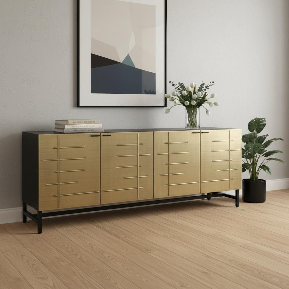 72" Gold Iron Ribbed Texture Sideboard with Four Doors HomeRoots