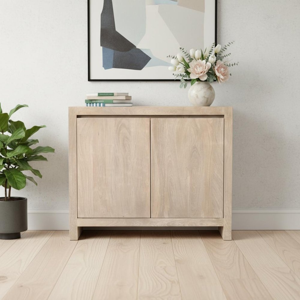 42" Ivory Distressed Reclaimed Wood Sideboard With Two Doors HomeRoots