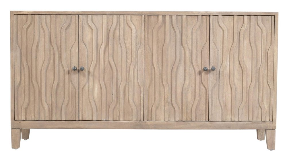 69" Ivory Distressed Reclaimed Wood Carved Geometric Sideboard With Four Doors HomeRoots