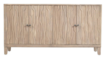 69" Ivory Distressed Reclaimed Wood Carved Geometric Sideboard With Four Doors HomeRoots