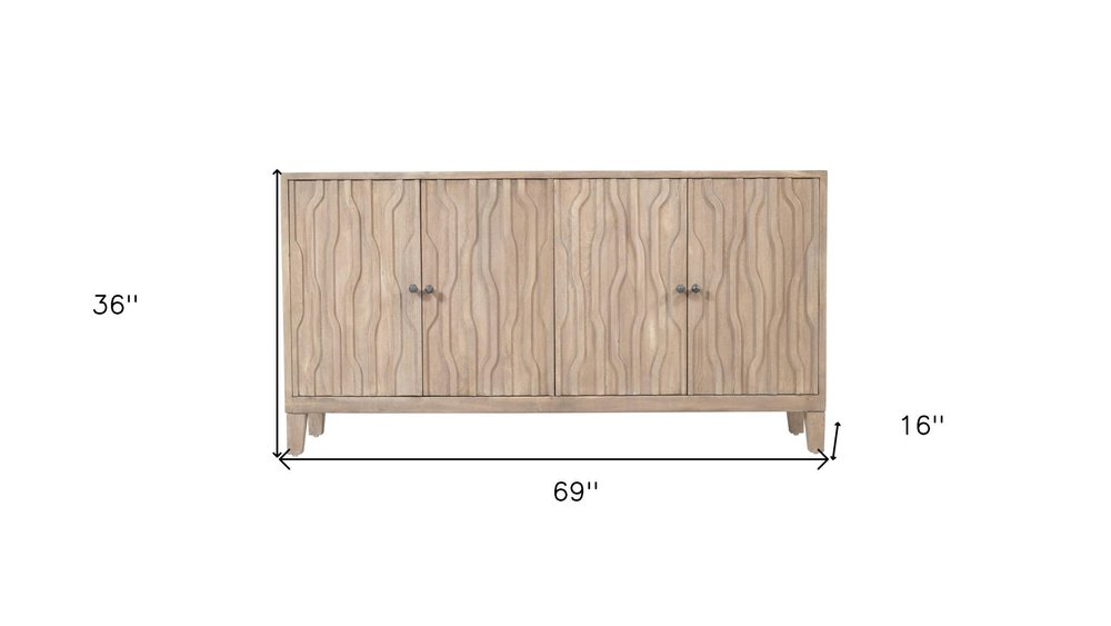 69" Ivory Distressed Reclaimed Wood Carved Geometric Sideboard With Four Doors HomeRoots