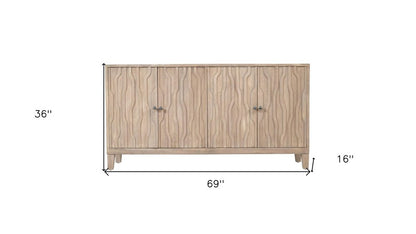 69" Ivory Distressed Reclaimed Wood Carved Geometric Sideboard With Four Doors HomeRoots