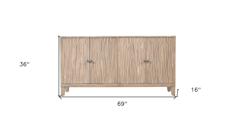 69" Ivory Distressed Reclaimed Wood Carved Geometric Sideboard With Four Doors HomeRoots