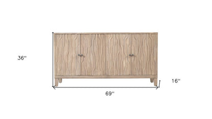 69" Ivory Distressed Reclaimed Wood Carved Geometric Sideboard With Four Doors HomeRoots