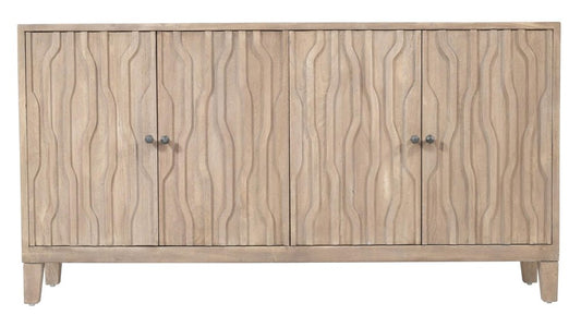 69" Ivory Distressed Reclaimed Wood Carved Abstract Sideboard With Four Doors