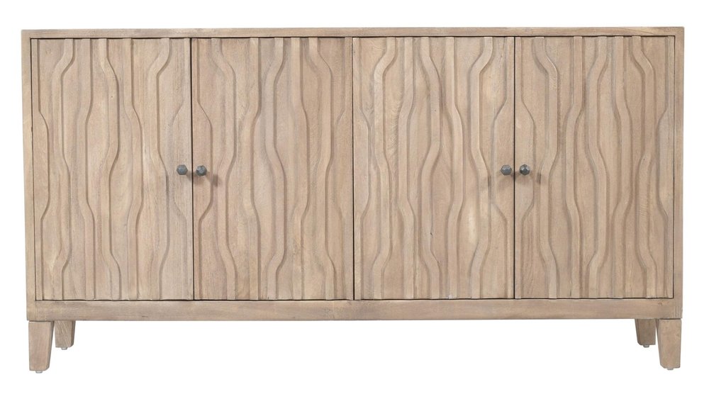 69" Ivory Distressed Reclaimed Wood Carved Geometric Sideboard With Four Doors HomeRoots