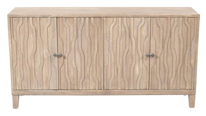 69" Ivory Distressed Reclaimed Wood Carved Geometric Sideboard With Four Doors HomeRoots