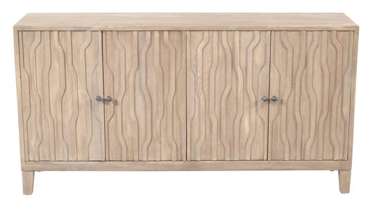 69" Ivory Distressed Reclaimed Wood Carved Abstract Sideboard With Four Doors