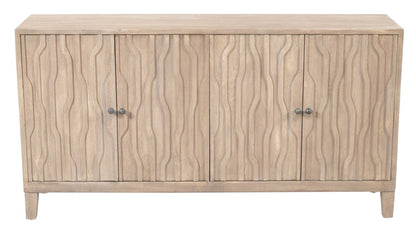 69" Ivory Distressed Reclaimed Wood Carved Geometric Sideboard With Four Doors HomeRoots