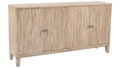 69" Ivory Distressed Reclaimed Wood Carved Geometric Sideboard With Four Doors HomeRoots