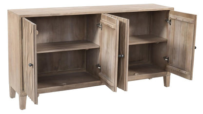 69" Ivory Distressed Reclaimed Wood Carved Geometric Sideboard With Four Doors HomeRoots