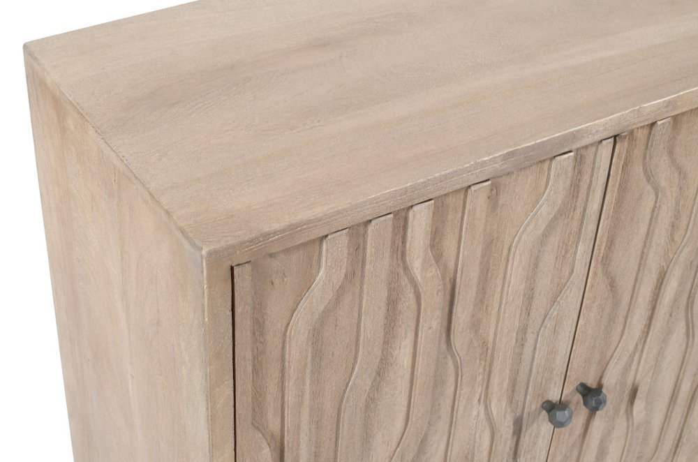 69" Ivory Distressed Reclaimed Wood Carved Geometric Sideboard With Four Doors HomeRoots