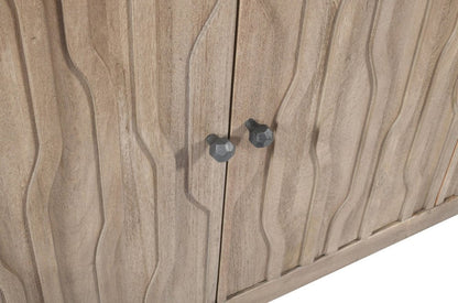 69" Ivory Distressed Reclaimed Wood Carved Geometric Sideboard With Four Doors HomeRoots
