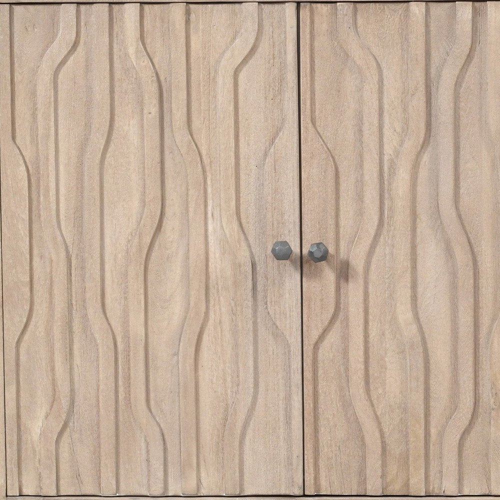 69" Ivory Distressed Reclaimed Wood Carved Geometric Sideboard With Four Doors HomeRoots