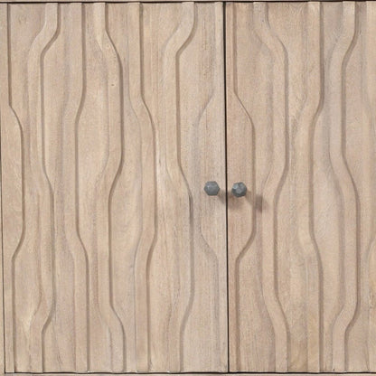 69" Ivory Distressed Reclaimed Wood Carved Geometric Sideboard With Four Doors HomeRoots