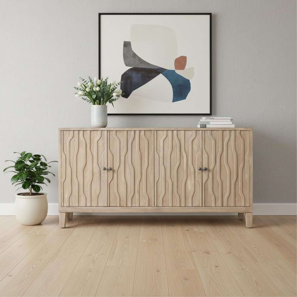 69" Ivory Distressed Reclaimed Wood Carved Geometric Sideboard With Four Doors HomeRoots