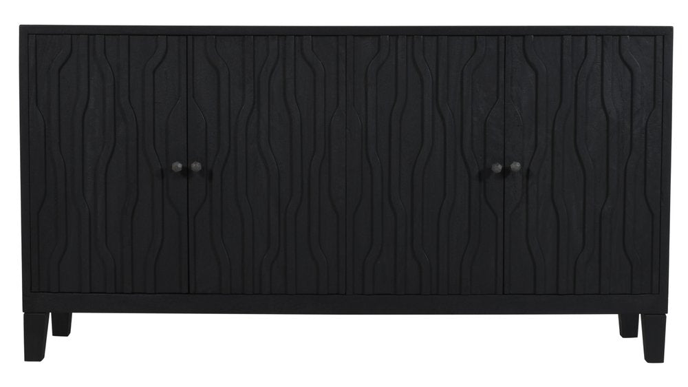 69" Graphite Distressed Reclaimed Wood Carved Geometric Sideboard With Four Doors HomeRoots