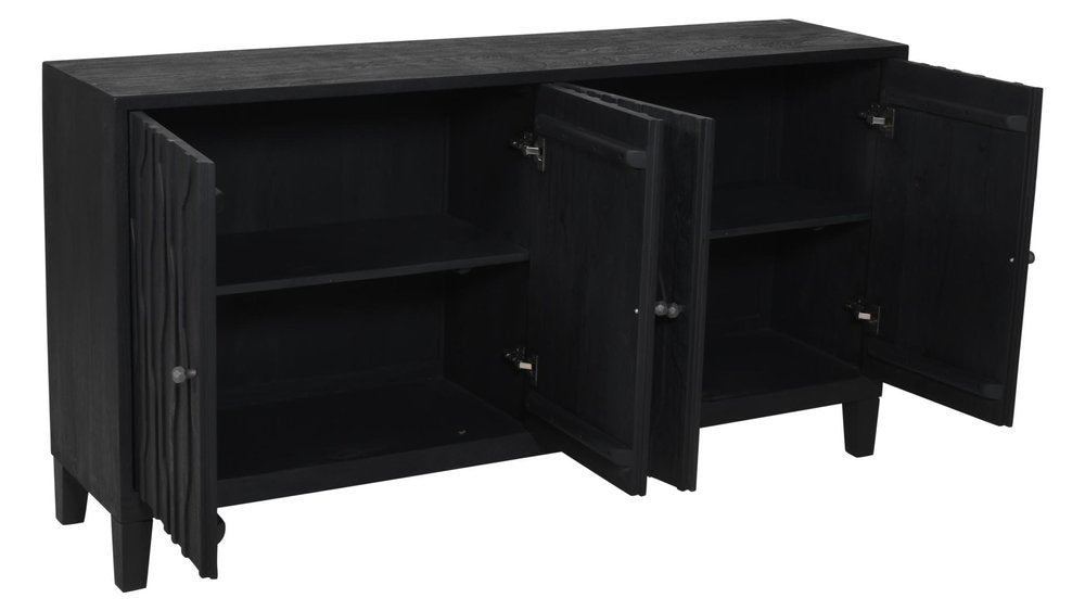 69" Graphite Distressed Reclaimed Wood Carved Geometric Sideboard With Four Doors HomeRoots