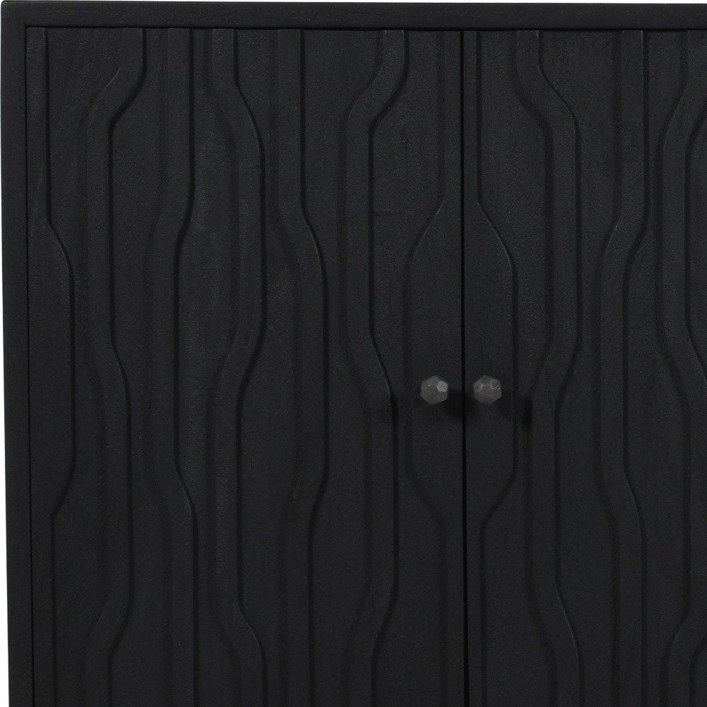 69" Graphite Distressed Reclaimed Wood Carved Geometric Sideboard With Four Doors HomeRoots