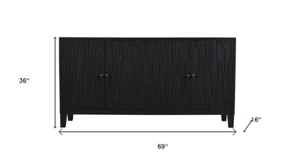 69" Graphite Distressed Reclaimed Wood Carved Geometric Sideboard With Four Doors HomeRoots