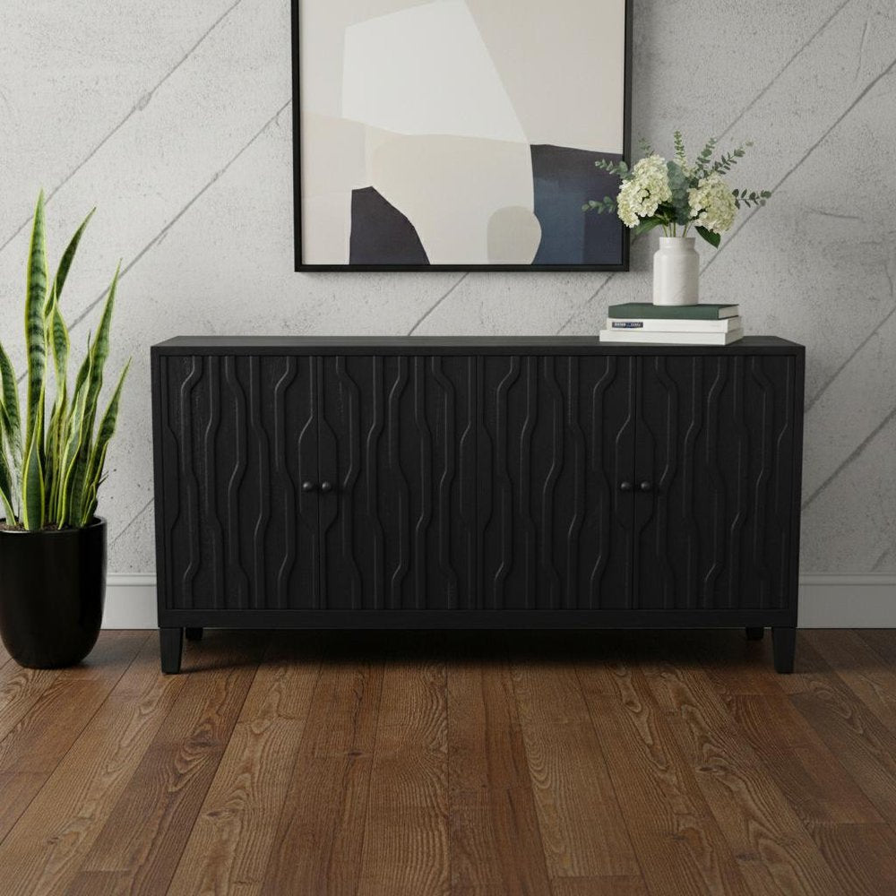 69" Graphite Distressed Reclaimed Wood Carved Geometric Sideboard With Four Doors HomeRoots