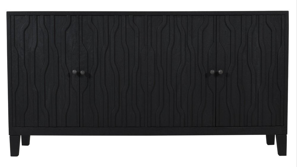 69" Graphite Distressed Reclaimed Wood Carved Geometric Sideboard With Four Doors HomeRoots