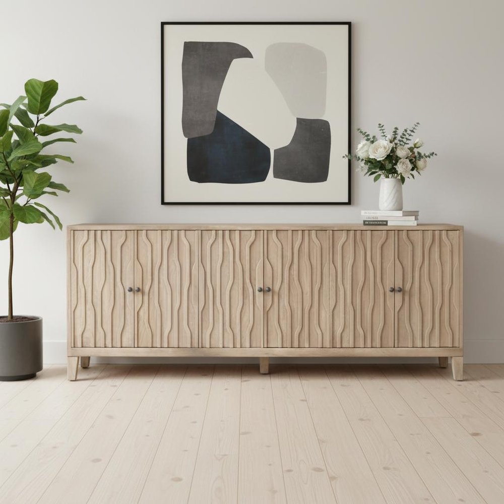 92" Ivory Distressed Reclaimed Wood Carved Geometric Sideboard With Six Doors HomeRoots