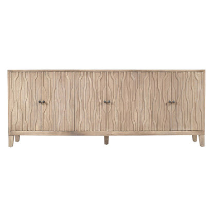 92" Ivory Distressed Reclaimed Wood Carved Geometric Sideboard With Six Doors HomeRoots