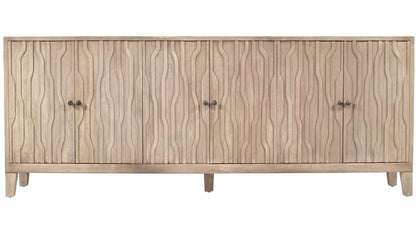 92" Ivory Distressed Reclaimed Wood Carved Geometric Sideboard With Six Doors HomeRoots
