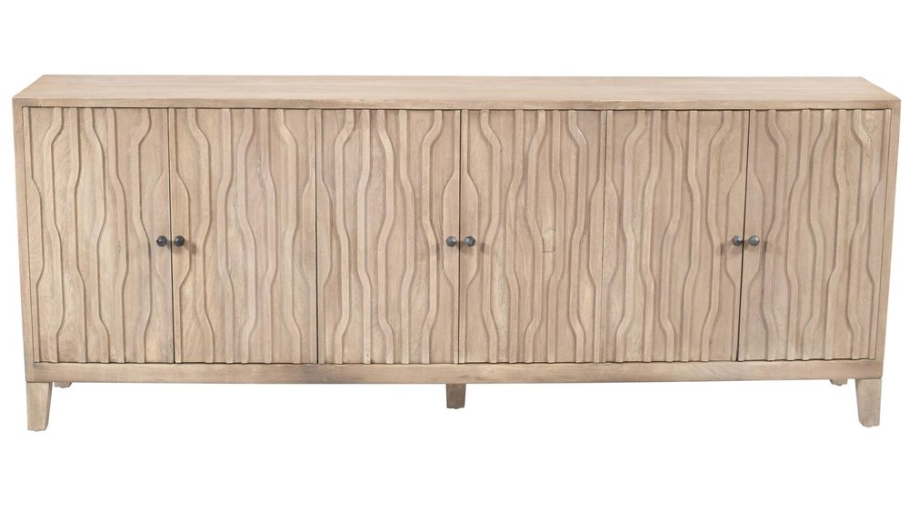 92" Ivory Distressed Reclaimed Wood Carved Geometric Sideboard With Six Doors HomeRoots