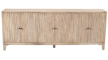 92" Ivory Distressed Reclaimed Wood Carved Geometric Sideboard With Six Doors HomeRoots