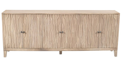 92" Ivory Distressed Reclaimed Wood Carved Geometric Sideboard With Six Doors HomeRoots