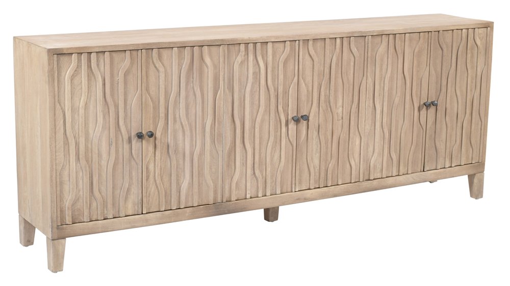 92" Ivory Distressed Reclaimed Wood Carved Geometric Sideboard With Six Doors HomeRoots