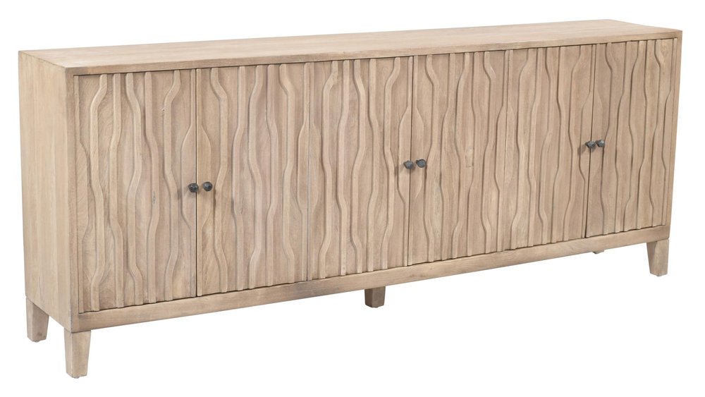 92" Ivory Distressed Reclaimed Wood Carved Geometric Sideboard With Six Doors HomeRoots