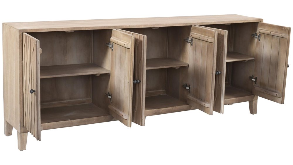 92" Ivory Distressed Reclaimed Wood Carved Geometric Sideboard With Six Doors HomeRoots