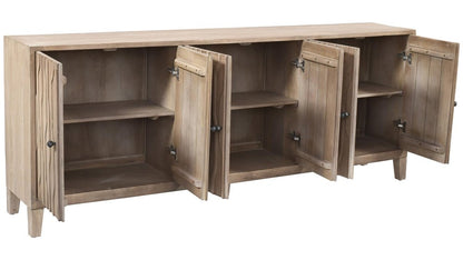 92" Ivory Distressed Reclaimed Wood Carved Geometric Sideboard With Six Doors HomeRoots